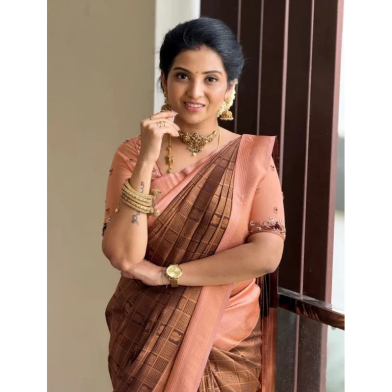 Alternative view of Women's Silk Printed Saree With Unstitched Blouse 5.5Mtr (Brown)