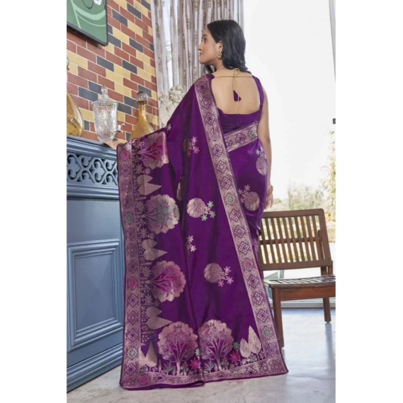 Alternative view of Women's Silk Printed Saree With Unstitched Blouse 5.5Mtr (Purple)