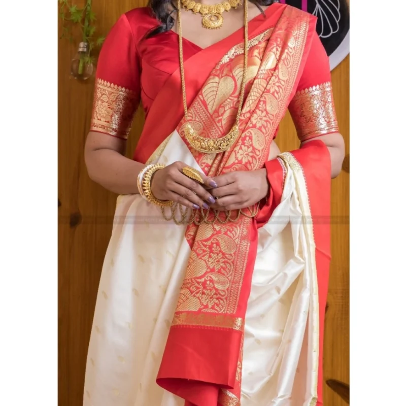 Alternative view of Women's Silk Printed Saree With Unstitched Blouse 5.5Mtr (White-Red)