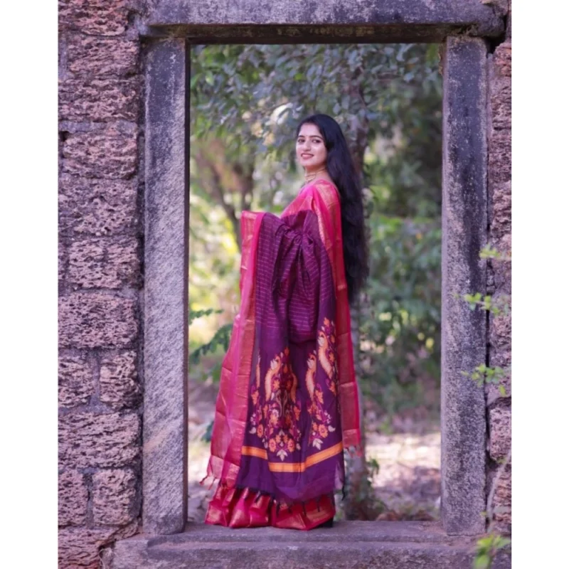 Alternative view of Women's Silk Printed Saree With Unstitched Blouse 5.5Mtr (Purple)