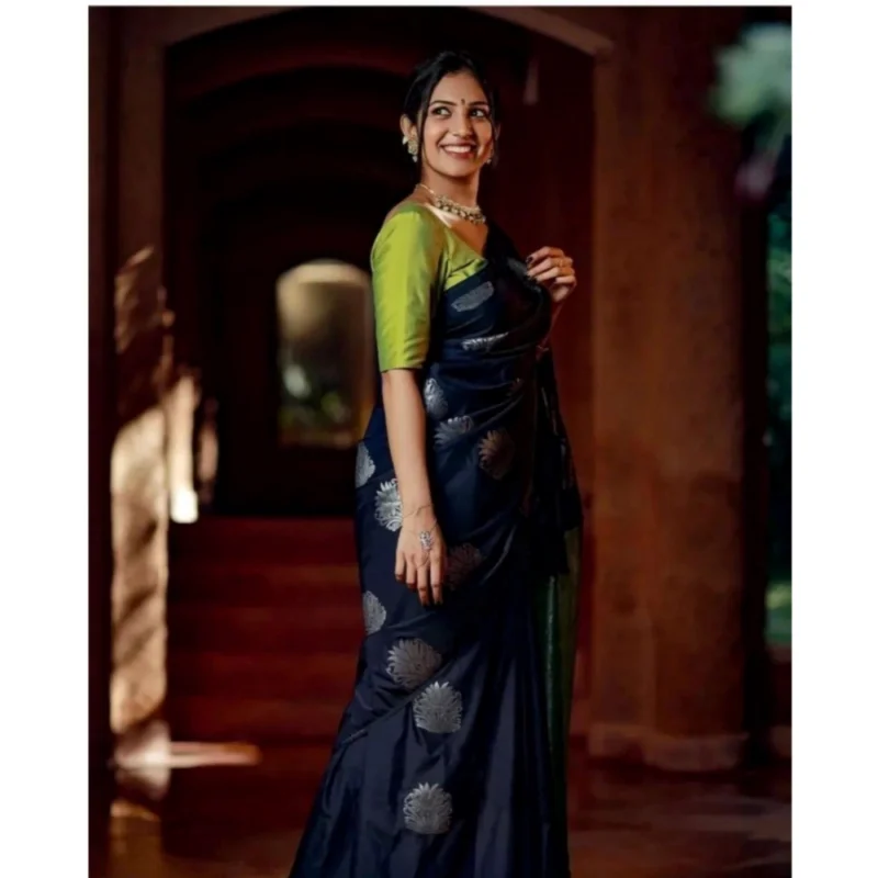 Alternative view of Women's Silk Printed Saree With Unstitched Blouse 5.5Mtr (Navy Blue)