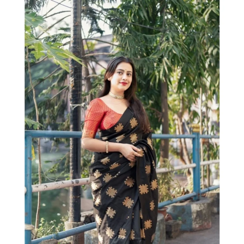 Alternative view of Women's Silk Printed Saree With Unstitched Blouse 5.5Mtr (Blacl-Orange)