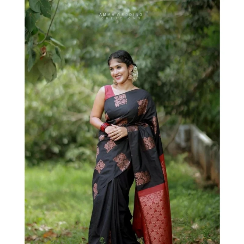 Alternative view of Women's Silk Printed Saree With Unstitched Blouse 5.5Mtr (Black-Red)
