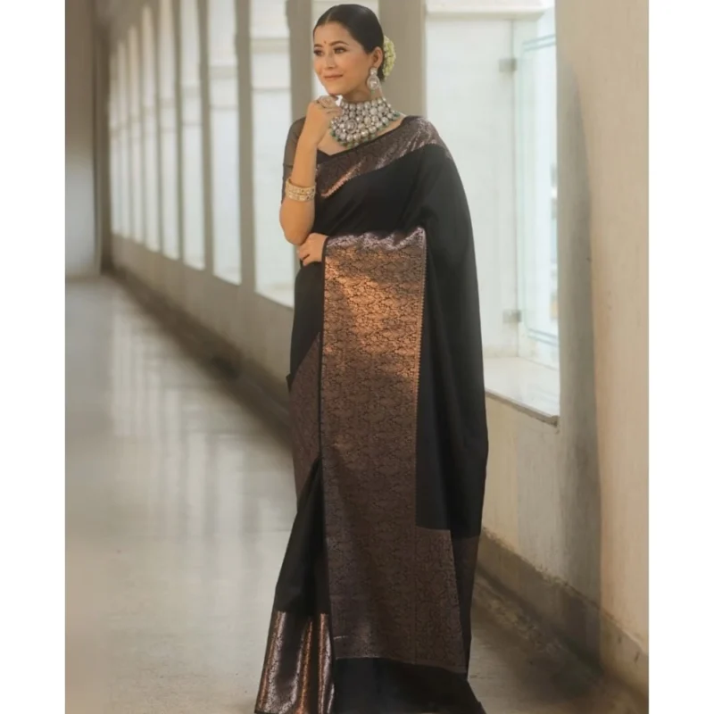 Alternative view of Women's Silk Printed Saree With Unstitched Blouse 5.5Mtr (Black)