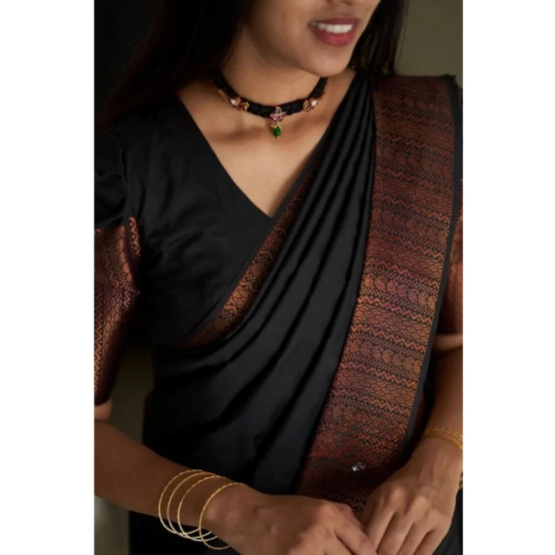 Alternative view of Women's Silk Printed Saree With Unstitched Blouse 5.5Mtr (Black)