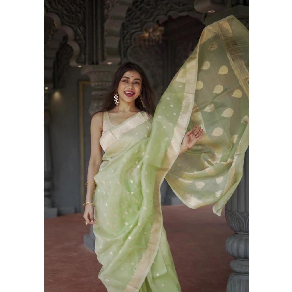 Women's Cotton Printed Saree With Unstitched Blouse 5.5Mtr (Pista) - Image 3