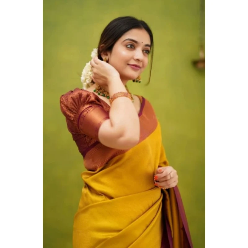 Alternative view of Women's Silk Printed Saree With Unstitched Blouse 5.5Mtr (Yellow)