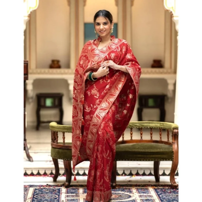 Alternative view of Women's Silk Printed Saree With Unstitched Blouse 5.5Mtr (Red)