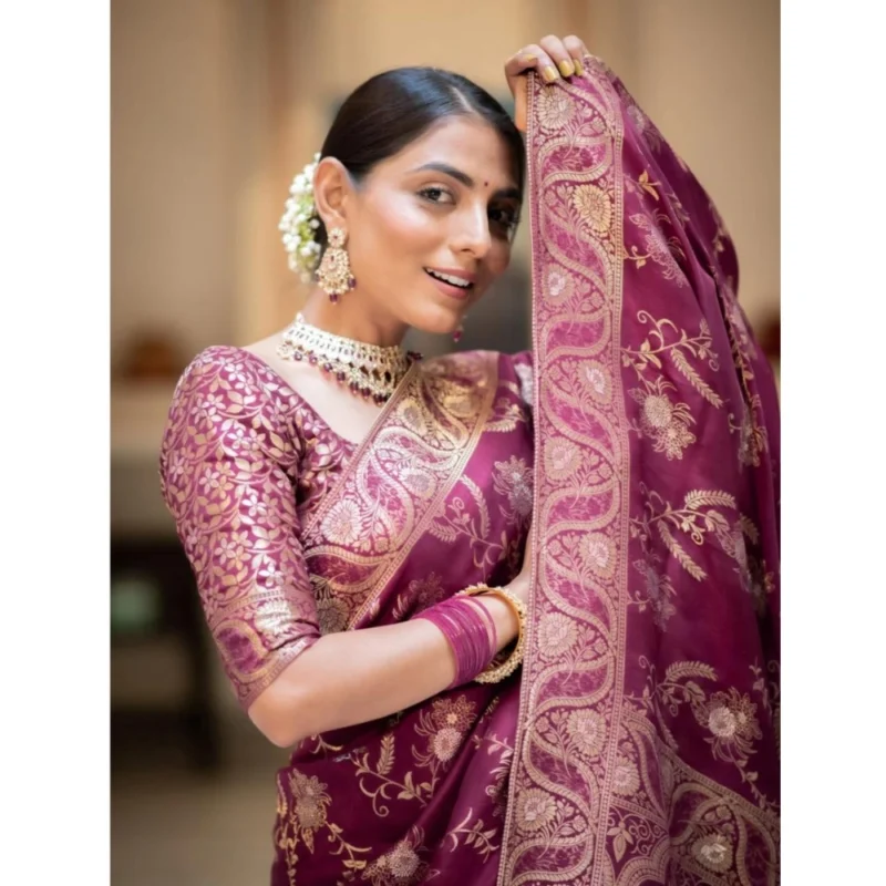 Alternative view of Women's Silk Printed Saree With Unstitched Blouse 5.5Mtr (Wine)