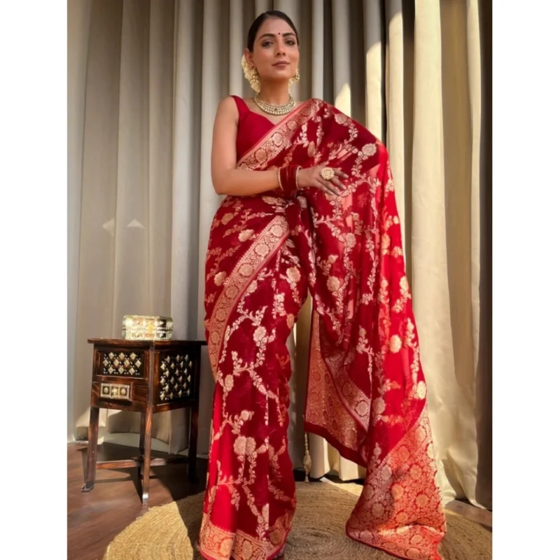Alternative view of Women's Silk Printed Saree With Unstitched Blouse 5.5Mtr (Red)