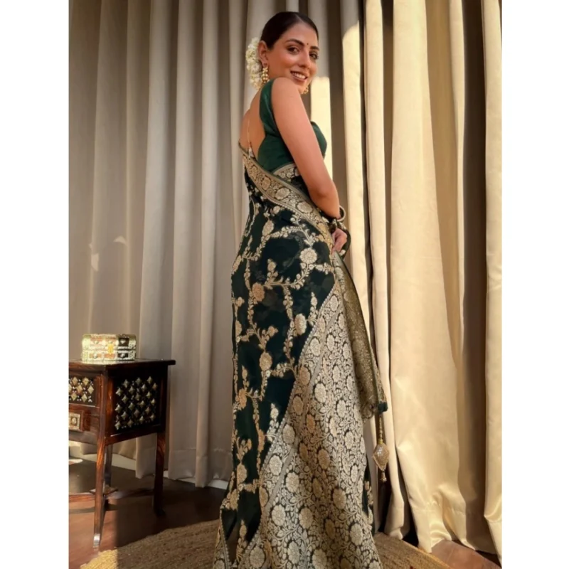 Alternative view of Women's Silk Printed Saree With Unstitched Blouse 5.5Mtr (Dark Green)