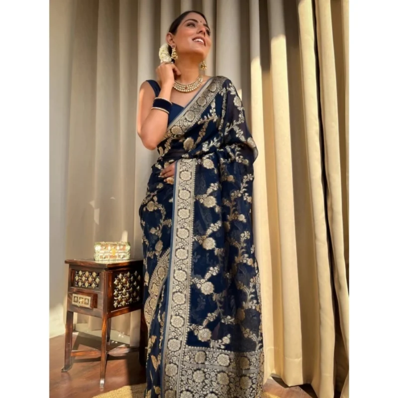 Alternative view of Women's Silk Printed Saree With Unstitched Blouse 5.5Mtr (Dark Blue)