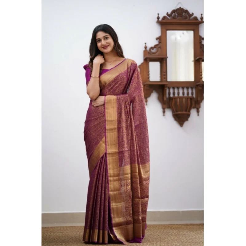 Alternative view of Women's Silk Printed Saree With Unstitched Blouse 5.5Mtr (Wine)
