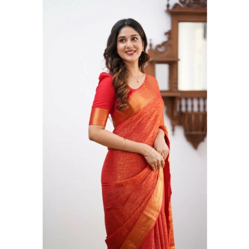 Alternative view of Women's Silk Printed Saree With Unstitched Blouse 5.5Mtr (Orange)