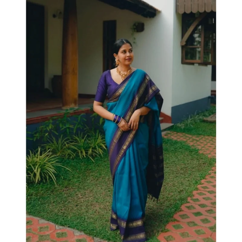 Alternative view of Women's Silk Printed Saree With Unstitched Blouse 5.5Mtr (Blue)