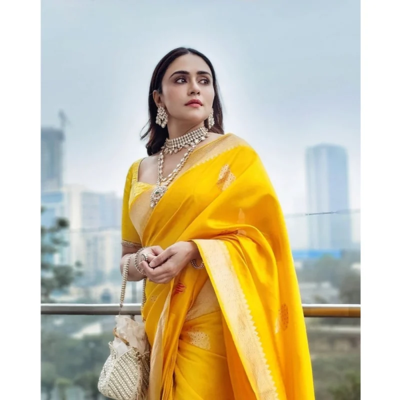 Alternative view of Women's Silk Printed Saree With Unstitched Blouse 5.5Mtr (Yellow)