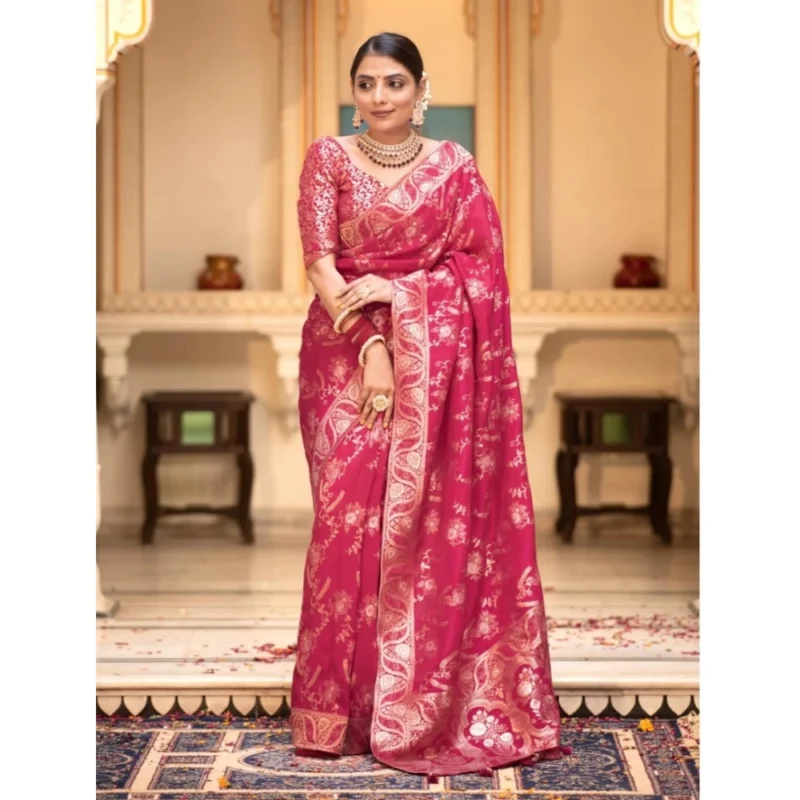 Alternative view of Women's Silk Printed Saree With Unstitched Blouse 5.5Mtr (Pink)