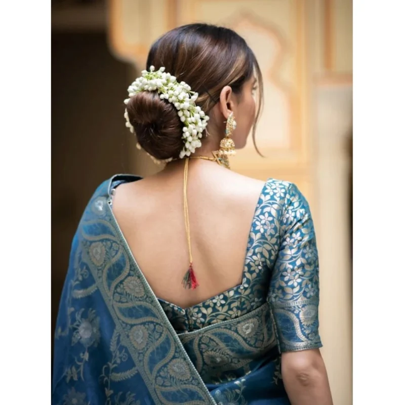 Alternative view of Women's Silk Printed Saree With Unstitched Blouse 5.5Mtr (Teal Blue)