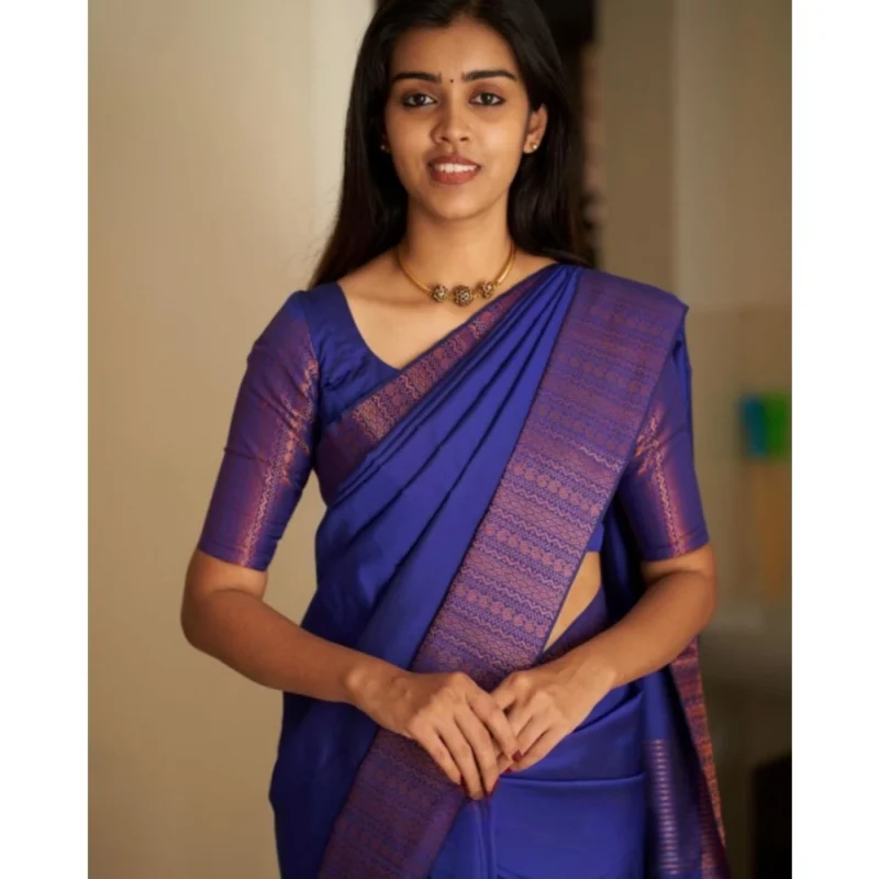 Alternative view of Women's Silk Printed Saree With Unstitched Blouse 5.5Mtr (Blue)