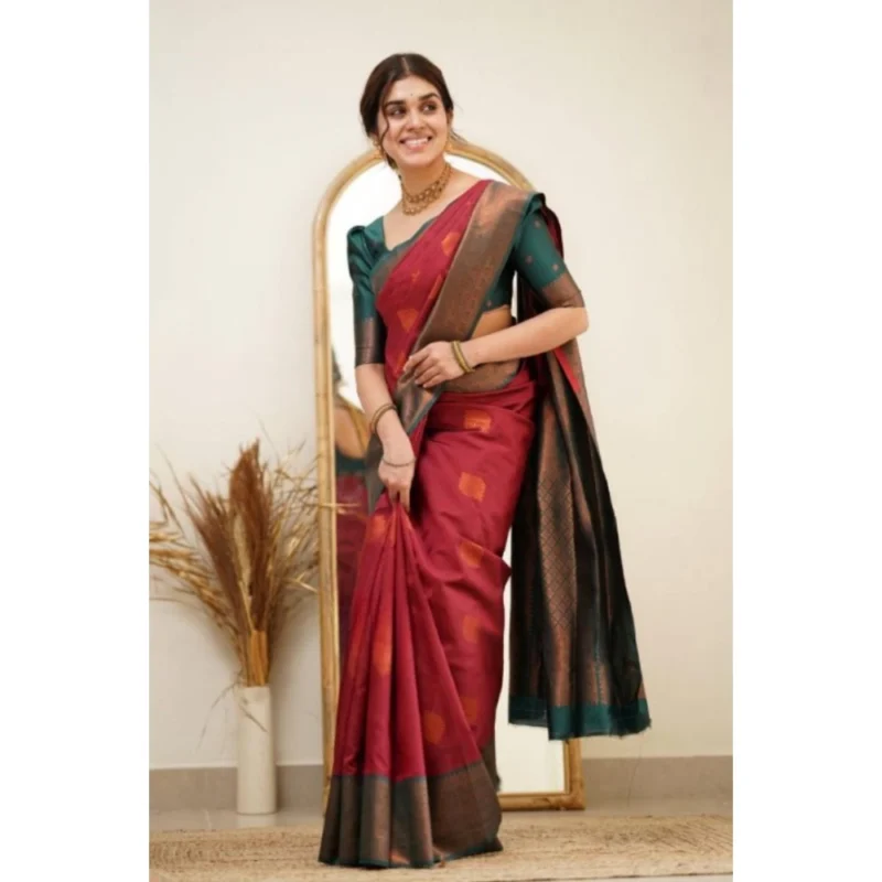 Alternative view of Women's Silk Printed Saree With Unstitched Blouse 5.5Mtr (Red)