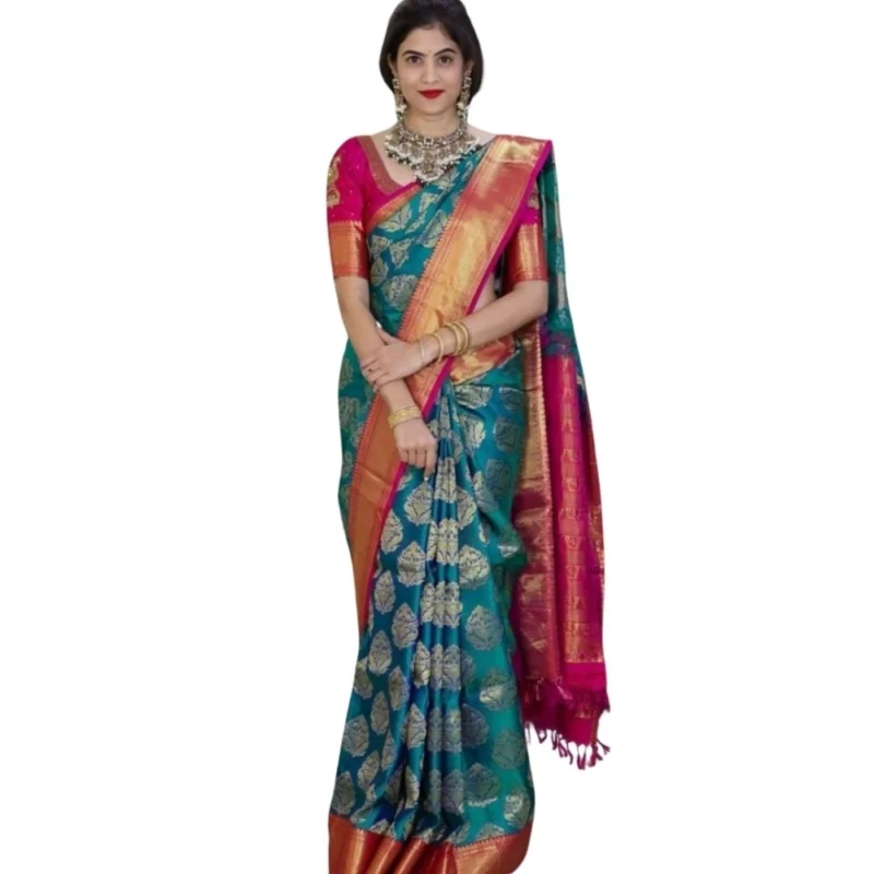 Women's Silk Printed Saree With Unstitched Blouse 5.5Mtr (Teal Blue)