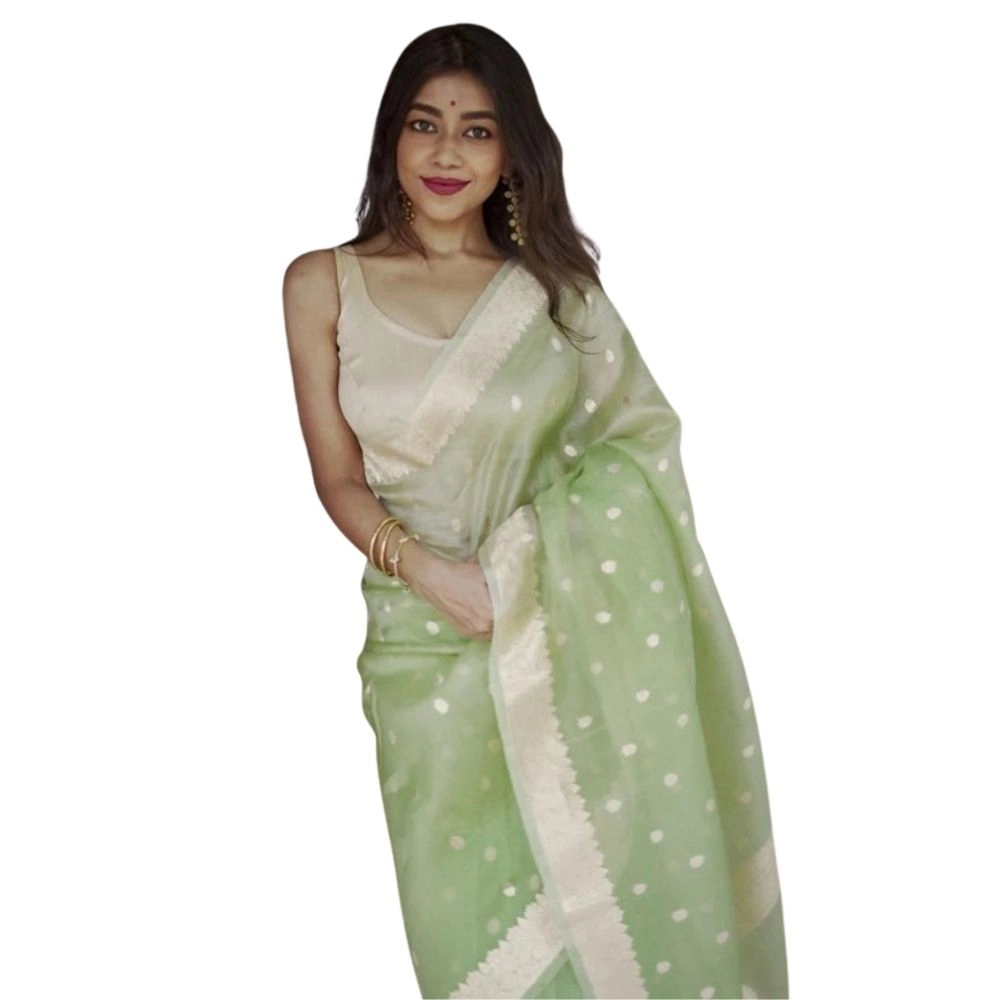 Women's Cotton Printed Saree With Unstitched Blouse 5.5Mtr (Pista)