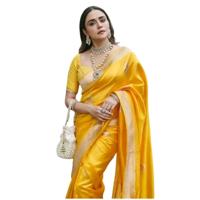 Women's Silk Printed Saree With Unstitched Blouse 5.5Mtr (Yellow)