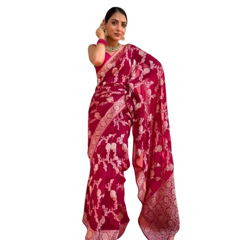 Women's Silk Printed Saree With Unstitched Blouse 5.5Mtr (Pink)
