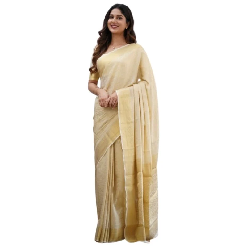 Women's Silk Printed Saree With Unstitched Blouse 5.5Mtr (Cream)