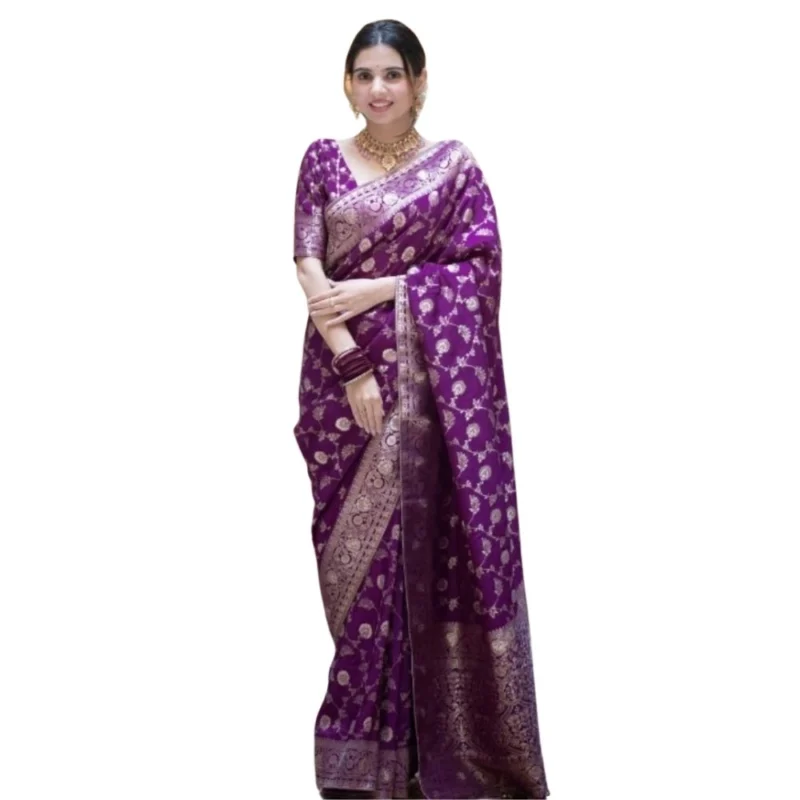 Women's Silk Printed Saree With Unstitched Blouse 5.5Mtr (Purple)
