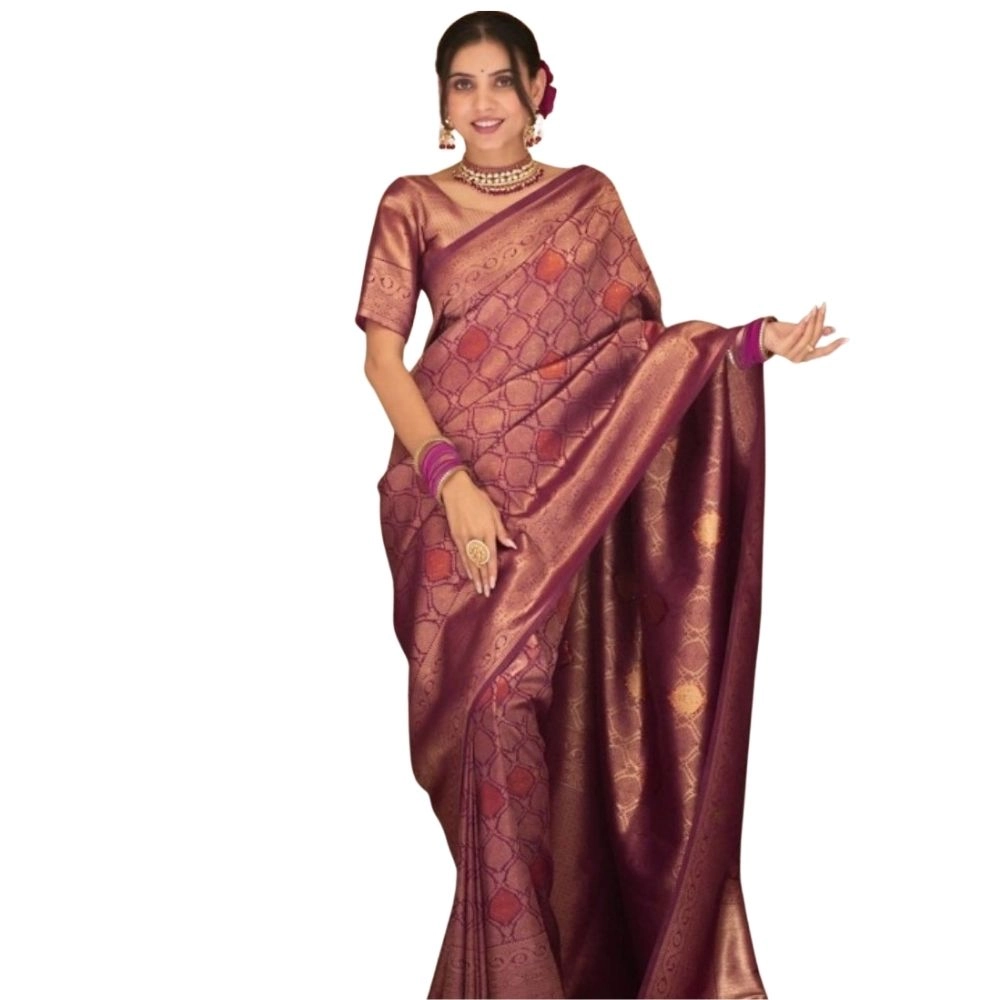 Women's Silk Printed Saree With Unstitched Blouse 5.5Mtr (Wine)