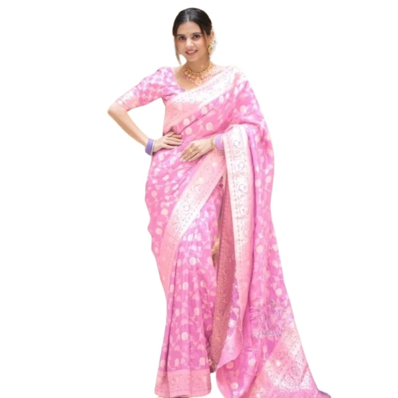 Women's Silk Printed Saree With Unstitched Blouse 5.5Mtr (Pink)