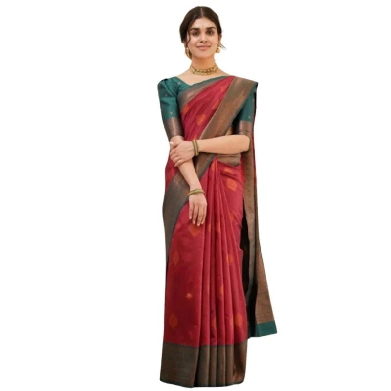 Women's Silk Printed Saree With Unstitched Blouse 5.5Mtr (Red)