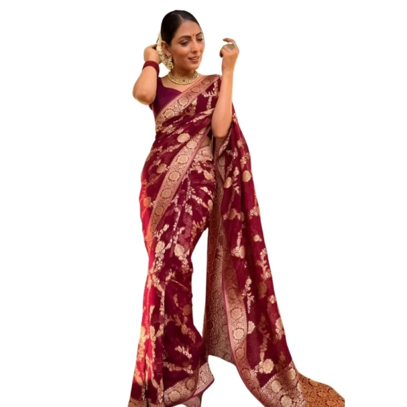 Women's Silk Printed Saree With Unstitched Blouse 5.5Mtr (Maroon)