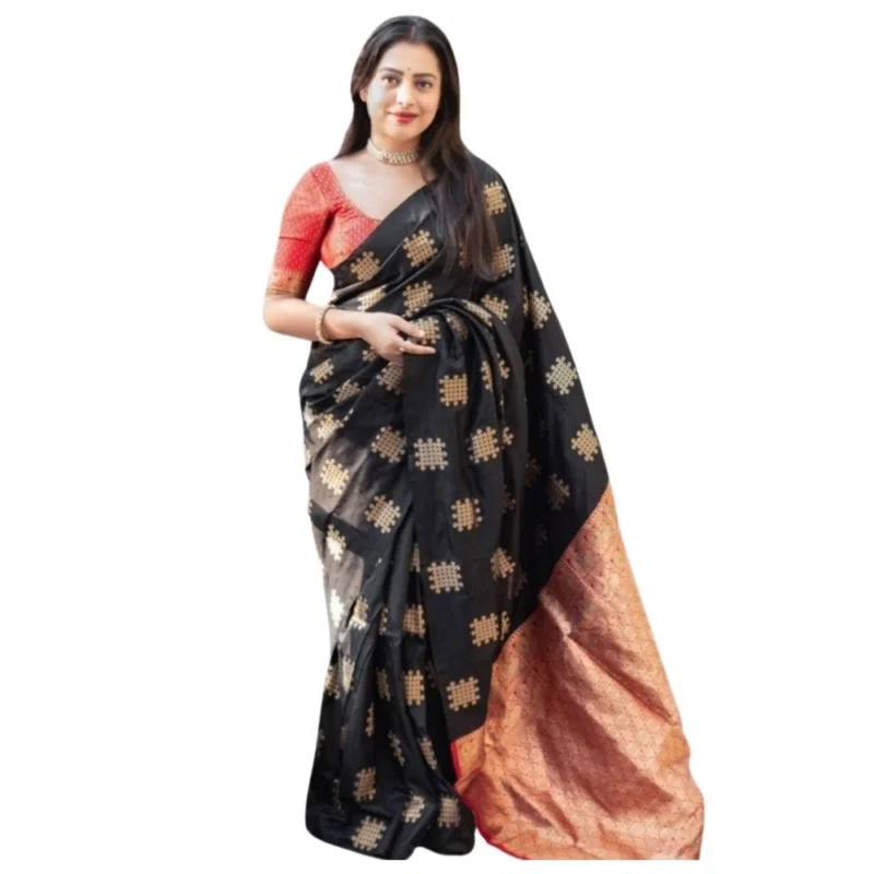 Women's Silk Printed Saree With Unstitched Blouse 5.5Mtr (Blacl-Orange)