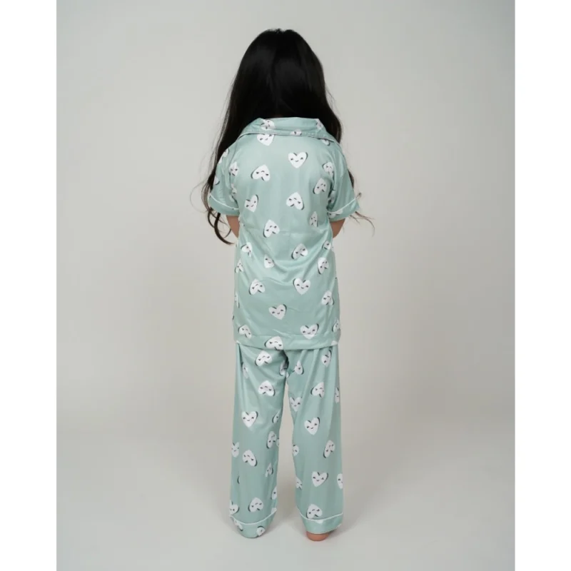 Girl's Silk Bleand Printed Short Sleeve Night Suit Set (Light Green) - Image 2