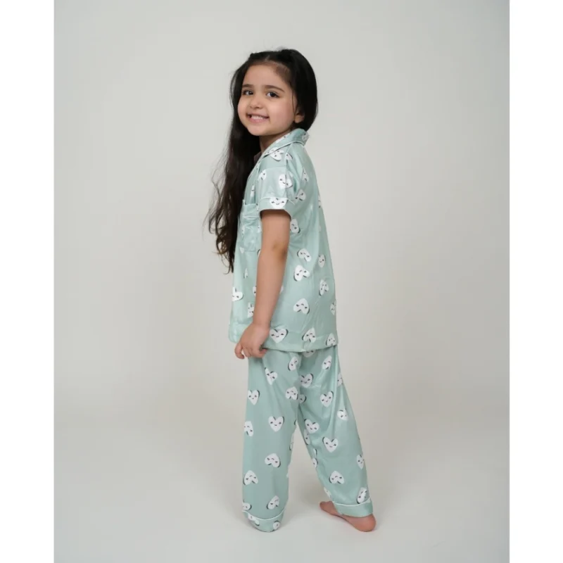 Girl's Silk Bleand Printed Short Sleeve Night Suit Set (Light Green) - Image 3