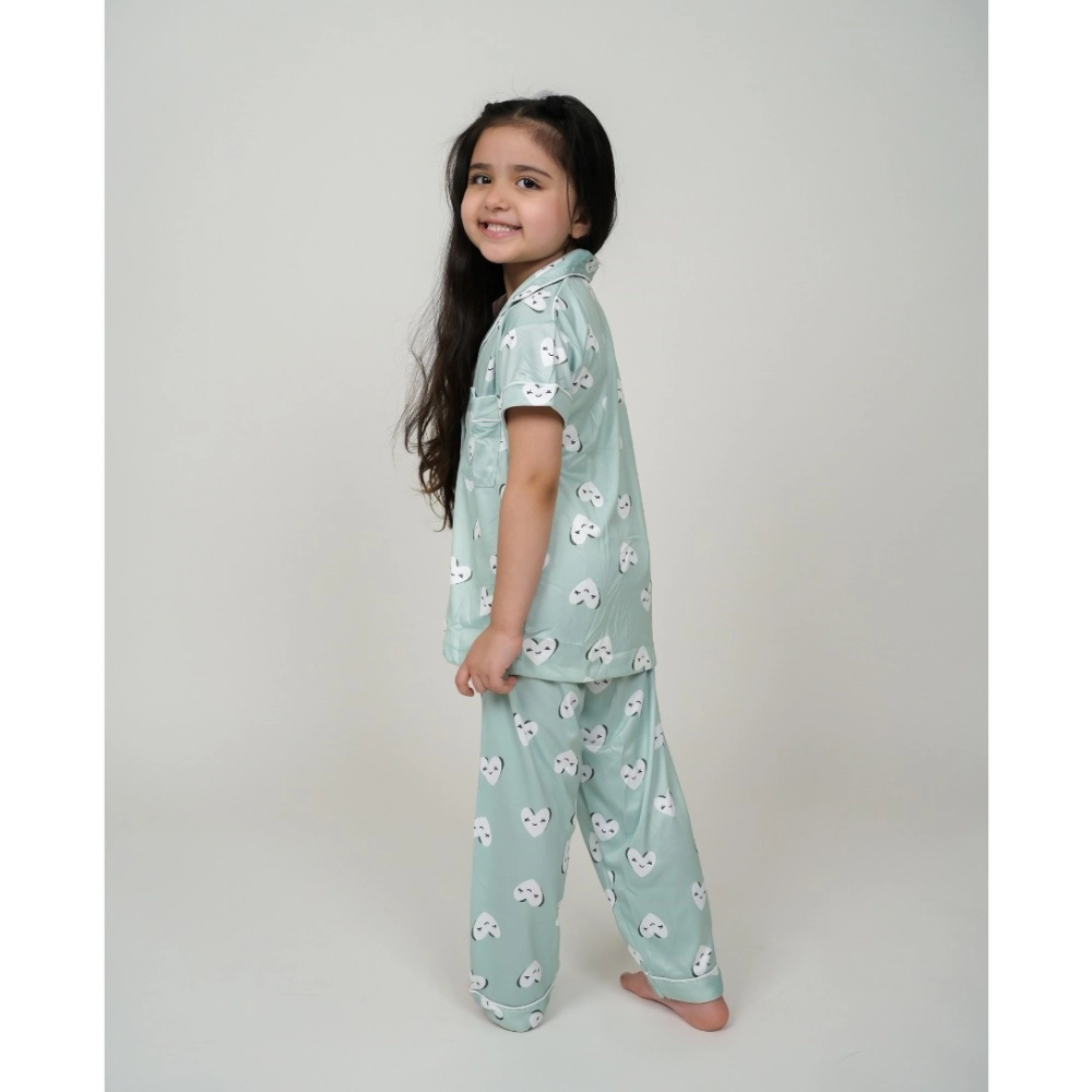 Girl's Silk Bleand Printed Short Sleeve Night Suit Set (Light Green) - Image 3