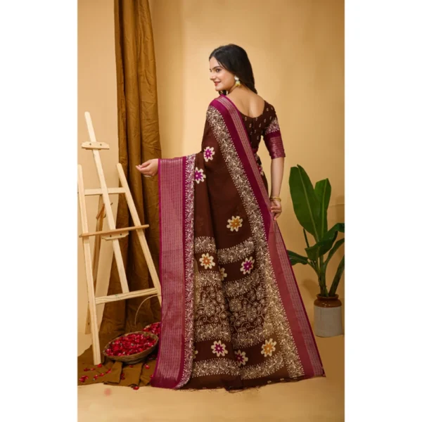 Women's Soft Blooming Marshmallow Fabric Kalamkari Printed Saree With Unstitched Blouse 5.5Mtr (Maroon) - Image 3