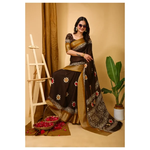 Women's Soft Blooming Marshmallow Fabric Kalamkari Printed Saree With Unstitched Blouse 5.5Mtr (Brown) - Image 2