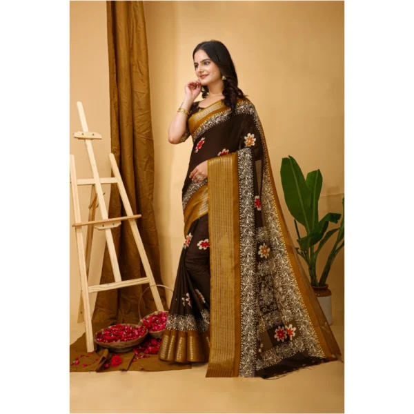 Women's Soft Blooming Marshmallow Fabric Kalamkari Printed Saree With Unstitched Blouse 5.5Mtr (Brown) - Image 4