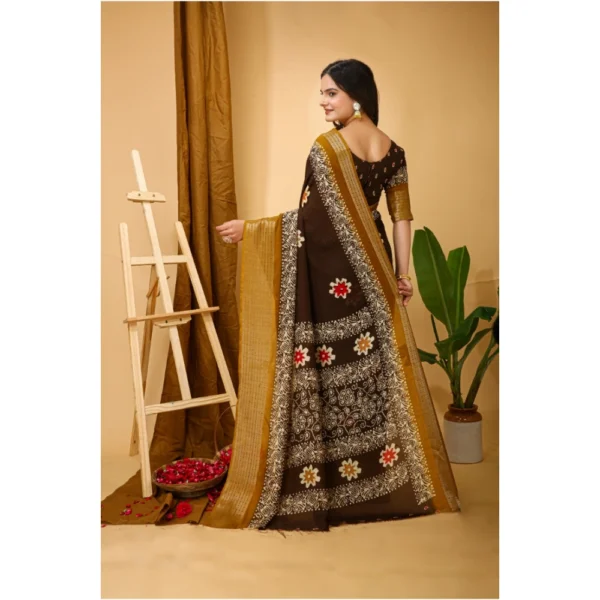 Women's Soft Blooming Marshmallow Fabric Kalamkari Printed Saree With Unstitched Blouse 5.5Mtr (Brown) - Image 3