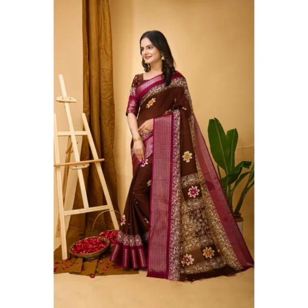 Women's Soft Blooming Marshmallow Fabric Kalamkari Printed Saree With Unstitched Blouse 5.5Mtr (Maroon) - Image 4