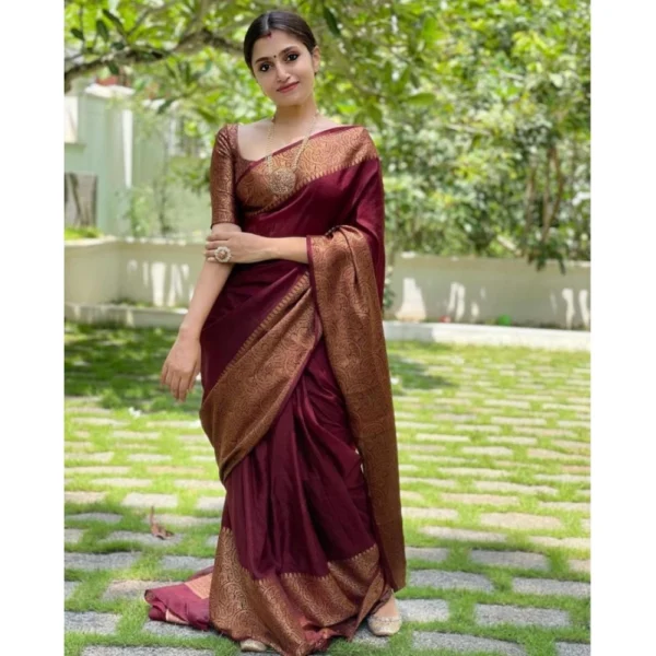 Women's Soft Lichi Silk Solid Saree With Unstitched Blouse 5.5Mtr (Maroon) - Image 2