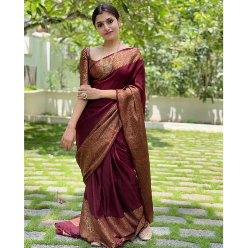 Alternative view of Women's Soft Lichi Silk Solid Saree With Unstitched Blouse 5.5Mtr (Maroon)