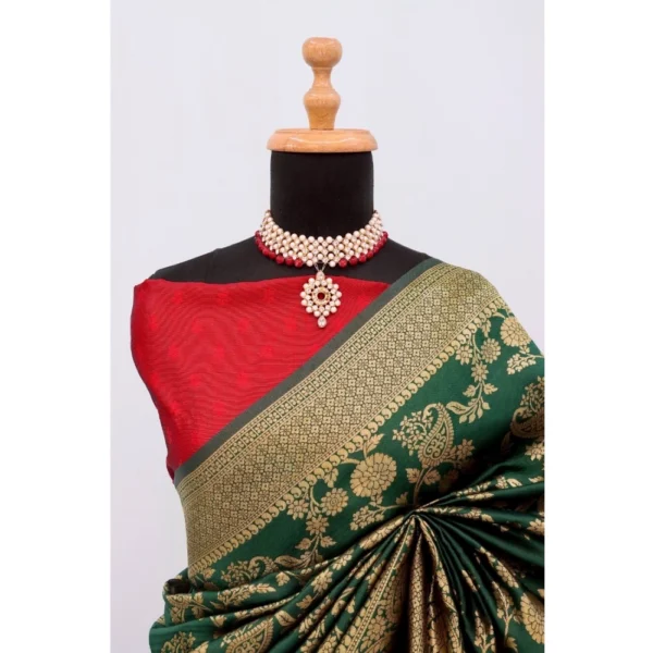 Women's Banarasi Printed Saree With Unstitched Blouse 5.5Mtr (Green) - Image 2