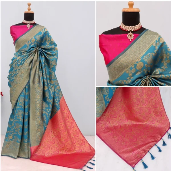 Women's Banarasi Printed Saree With Unstitched Blouse 5.5Mtr (Aqua Blue) - Image 2