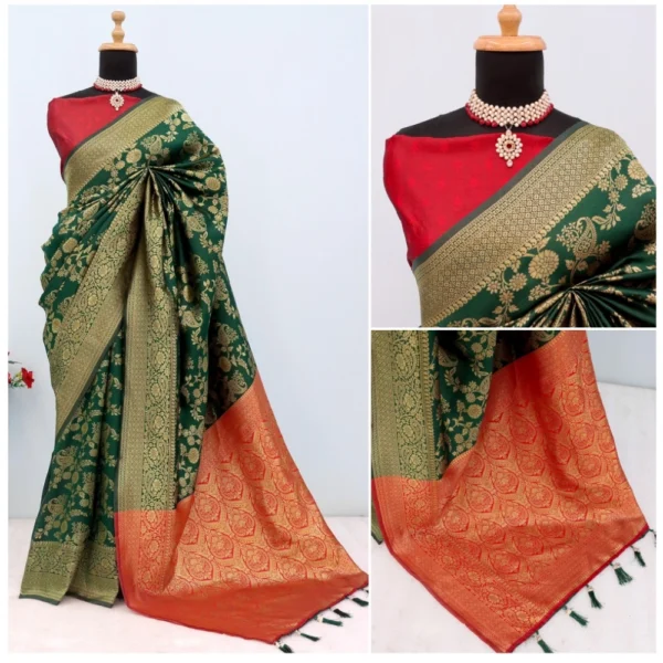 Women's Banarasi Printed Saree With Unstitched Blouse 5.5Mtr (Green) - Image 3