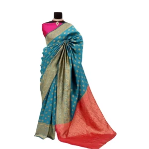 Women's Banarasi Printed Saree With Unstitched Blouse 5.5Mtr (Aqua Blue)