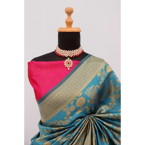 Women's Banarasi Printed Saree With Unstitched Blouse 5.5Mtr (Aqua Blue) - Image 3
